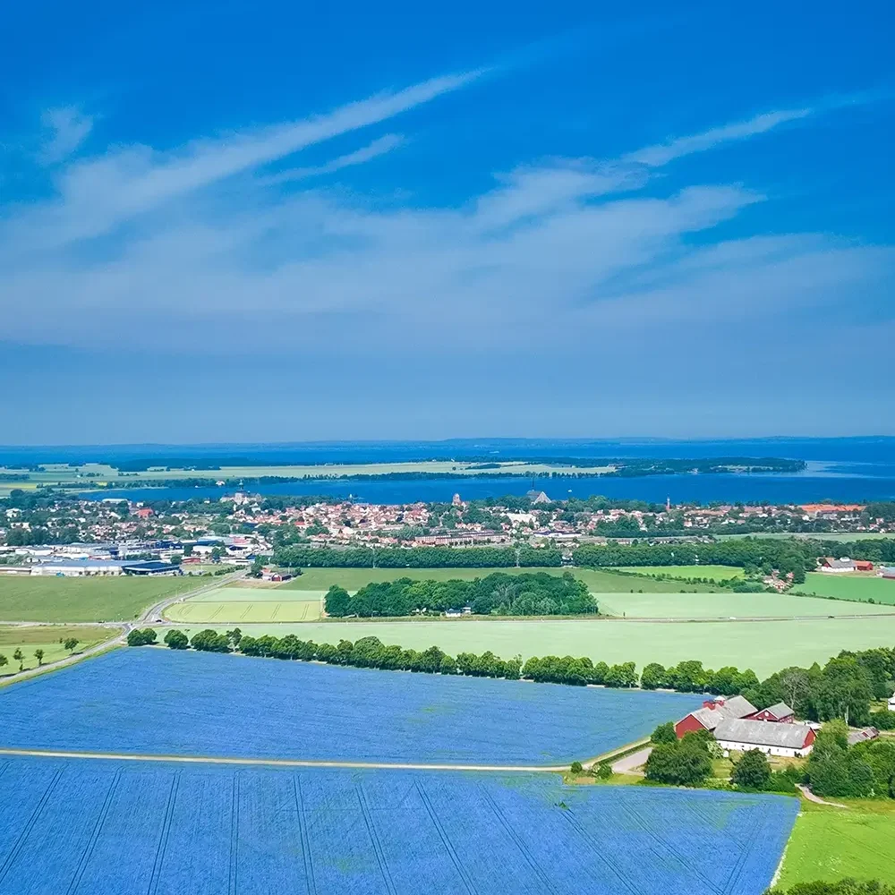 En drönarbild över Rosteriet och Ladugård. Fälten runtom är blåa av lin och man ser skymten av alla hus i Vadstena.